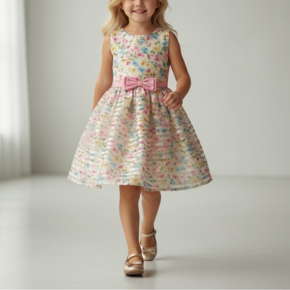 Moving Sale Jona Michelle Multicolor Floral Dress with Pink Bow Size 6